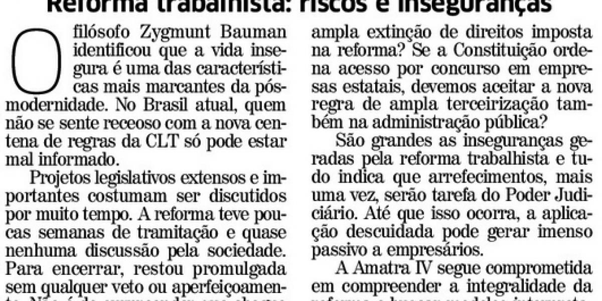 Artigo do presidente da AMATRA IV destaca os riscos da reforma trabalhista