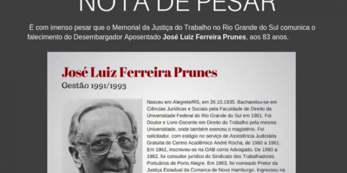 Nota de pesar: falecimento do desembargador José Luiz Ferreira Prunes